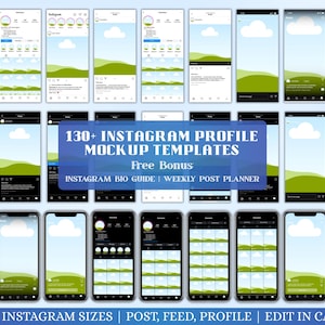 Könnte beinhalten: Smartphone-Mockups mit Instagram-Profilvorlagen. Das Bild zeigt verschiedene Bildschirmdesigns mit einer Landschaft und einer Wolke. Der Text auf dem Bild lautet "130+ Instagram Profile Mockup Templates" und "Edit in Canva."