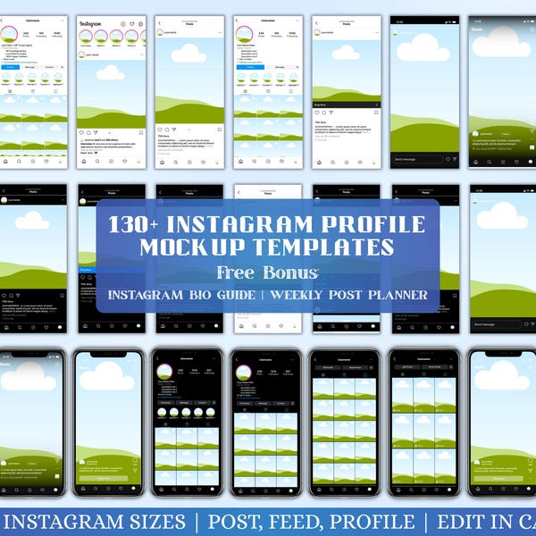 Instagram Profile Mockup Templates Canva Bundle (130+) | Social Media Branding Templates |  Feed Mockup Kit | Editable Instagram Mockups