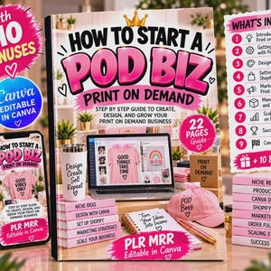 以下が含まれることがあります： ピンクと黒の配色でHow to Start a Pod Biz Print on Demandと題されたデジタルガイド。表紙にはノートパソコン、タンブラー、ピンクの野球帽、ニッチリサーチなどのビジネス関連トピックがラベル付けされた本の山が描かれています。