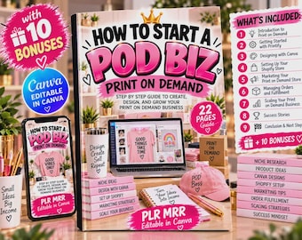 以下が含まれることがあります： ピンクと黒の配色でHow to Start a Pod Biz Print on Demandと題されたデジタルガイド。表紙にはノートパソコン、タンブラー、ピンクの野球帽、ニッチリサーチなどのビジネス関連トピックがラベル付けされた本の山が描かれています。