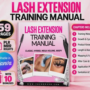 May include: A pink and white lash extension training manual with 59 pages, PLR MRR rights, and Canva editability. The cover features the text Lash Extension Training Manual, Classic, Hybrid, Mega Volume, Wispy, and three photos of lashes.