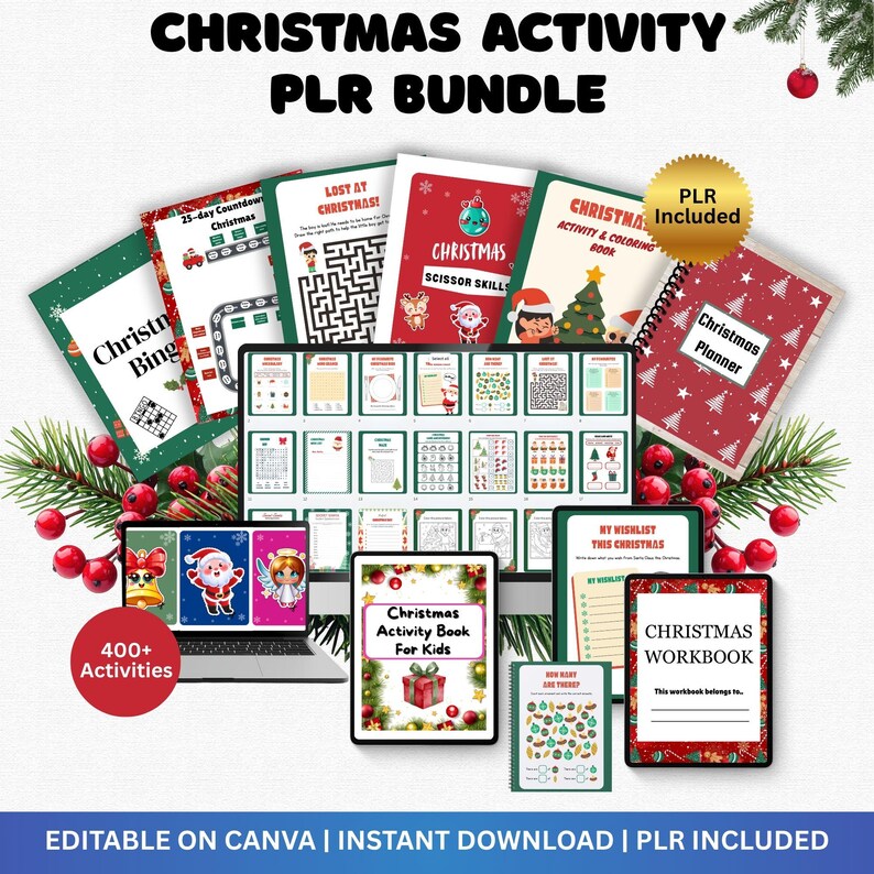 Pu&ograve; includere: Un pacchetto di libri di attivit&agrave; natalizie e risorse digitali. L'immagine mostra un'agenda natalizia, quaderni di lavoro e libri di attivit&agrave; per bambini. Il testo include "CHRISTMAS ACTIVITY PLR BUNDLE" e "400+ Activities".