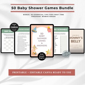 Pu&ograve; includere: Un pacchetto digitale di giochi e risorse per baby shower. L'immagine mostra diversi mockup digitali di giochi per baby shower, incluso un gioco con il testo "How Big is Mommy's Belly". Il pacchetto include 50 giochi e risposte.