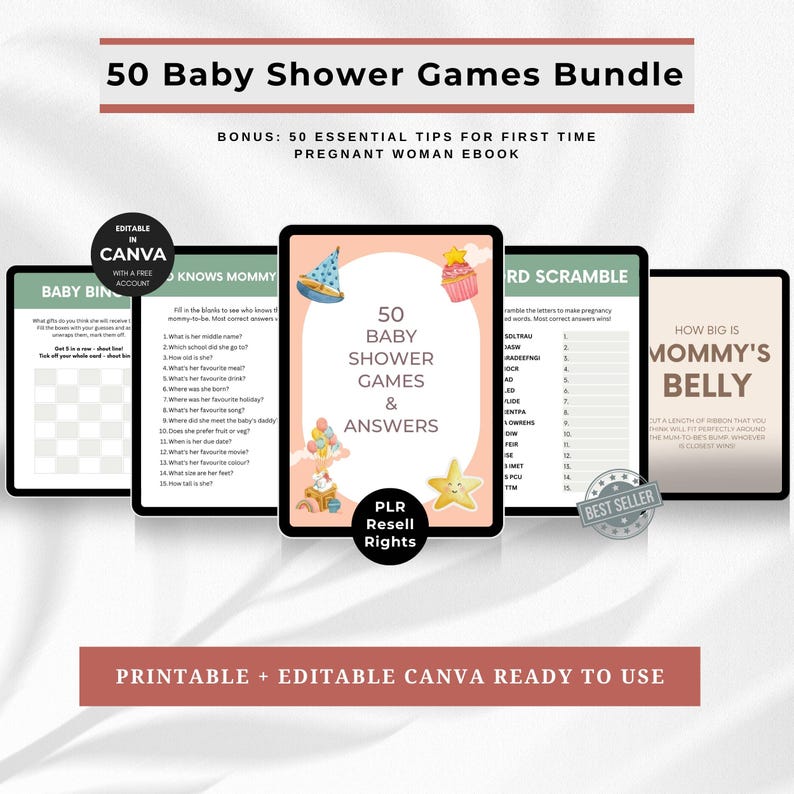 Pu&ograve; includere: Un pacchetto digitale di giochi e risorse per baby shower. L'immagine mostra diversi mockup digitali di giochi per baby shower, incluso un gioco con il testo "How Big is Mommy's Belly". Il pacchetto include 50 giochi e risposte.