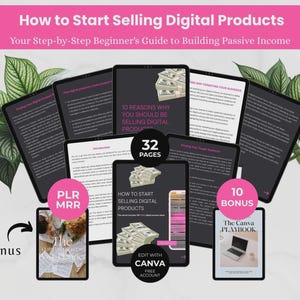 May include: A digital product guide titled How to Start Selling Digital Products with 32 pages, featuring text on passive income, PLR MRR labels, and bonus content including The Canva Playbook, all displayed on tablet screens with green leaf accents.