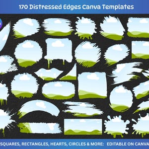 Puede incluir: Una colección de 170 plantillas Canva con bordes desgastados. Las plantillas presentan varias formas, incluyendo cuadrados, rectángulos, corazones y círculos, con un diseño de cielo y paisaje verde. El logotipo de Canva es visible en la esquina superior izquierda.