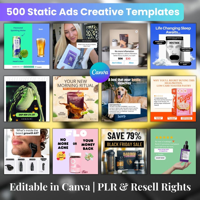 Pu&ograve; includere: Una grafica promozionale che mostra 500 modelli creativi di annunci statici. L'immagine presenta una griglia di varie pubblicit&agrave; di prodotti, tra cui alimenti, bellezza e prodotti per lo stile di vita. Il testo include "Editable in Canva | PLR & Resell Rights."
