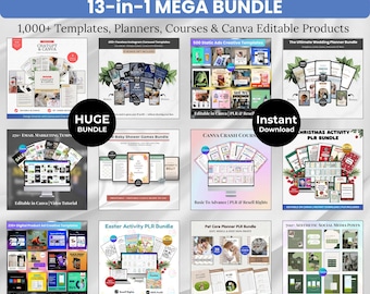 Mega Digital Product Bundle | 1000+ Canva Templates | PLR & Resell Rights | Social Media Kit | Planners | Ebooks | Courses Pack