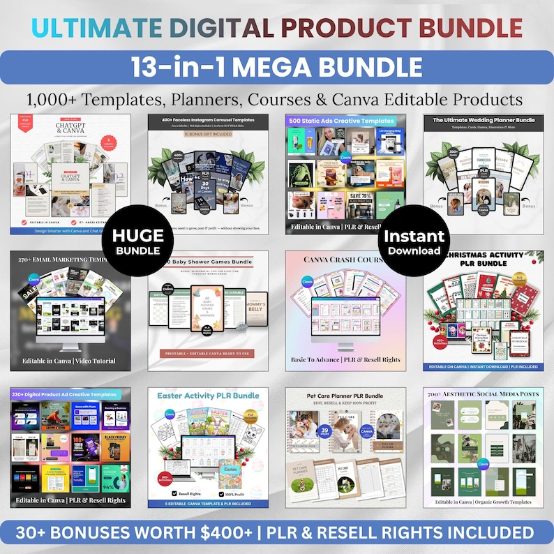 Pu&ograve; includere: Un pacchetto di prodotti digitali con un mega bundle 13-in-1. Include oltre 1.000 modelli, planner, corsi e prodotti modificabili di Canva. Include modelli per email marketing, post sui social media e altro ancora. Include bonus per $400+.