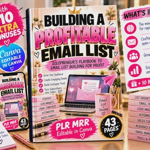 Può includere: Un pacchetto di prodotti digitali che include un libro intitolato Building a Profitable Email List, un telefono cellulare che mostra la stessa copertina, un blocco note con una lista di controllo e una pila di libri rosa con strategie di marketing, modificabili in Canva.