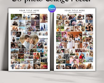 50 Photo Collage Poster Template | Editable Canva | Family Memory Poster | Center Heart & Square Layout | Printable Poster | 10 Sizes