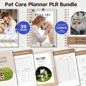 Pet Care Planner Printable, Editable Canva Pet Planner, Animal Care Checklist Bundle, PLR Planner Template, 39 Page Pet Organizer
