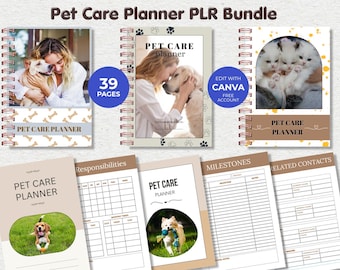 Pet Care Planner Printable, Editable Canva Pet Planner, Animal Care Checklist Bundle, PLR Planner Template, 39 Page Pet Organizer