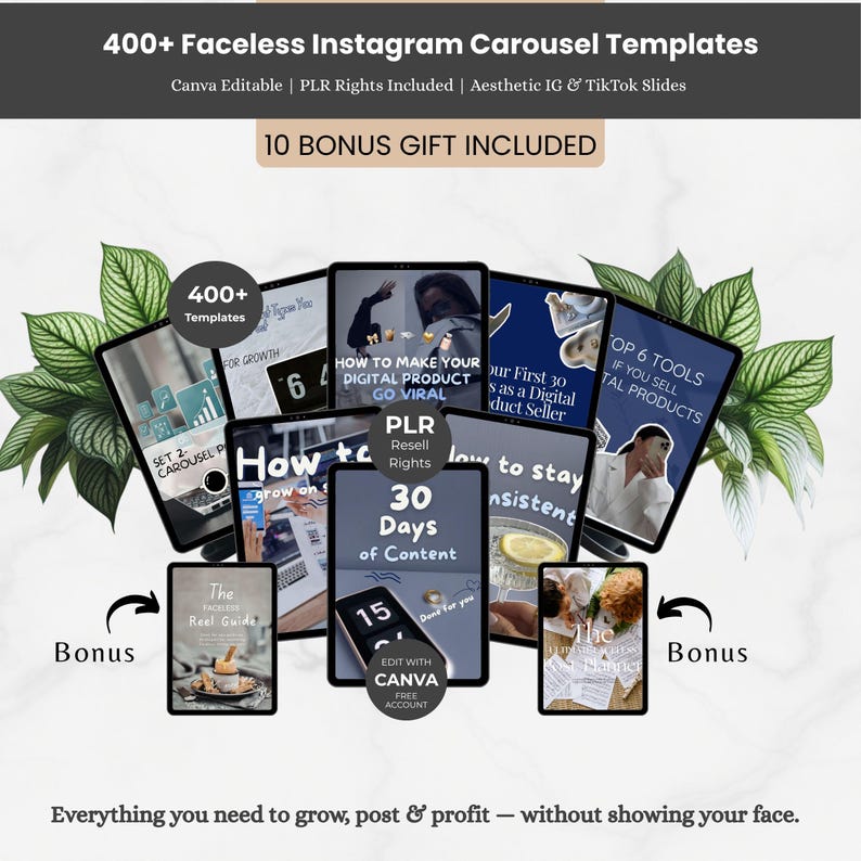 Pu&ograve; includere: Immagine promozionale per modelli di carosello Instagram. L'immagine presenta diversi modelli digitali su tablet, con il testo "400+ Faceless Instagram Carousel Templates". Sono inclusi anche regali bonus. I modelli sono progettati per diapositive estetiche IG e TikTok.