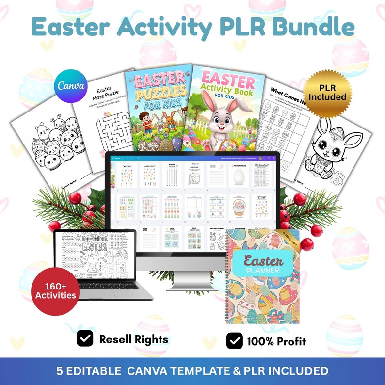 Pu&ograve; includere: Un pacchetto di attivit&agrave; pasquali PLR con un laptop, un computer e libri di attivit&agrave;. I libri includono puzzle e pagine da colorare. Il pacchetto include un'agenda con disegni colorati di uova di Pasqua. Il testo recita "Easter Activity PLR Bundle" e "160+ Activities".