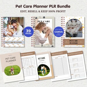 Pu&ograve; includere: Un pacchetto di pianificatori per la cura degli animali domestici con rilegatura a spirale. I pianificatori presentano immagini di cani e gatti e includono il testo "Pet Care Planner" e "39 Pages". Il pacchetto include anche il testo "Edit, Resell & Keep 100% Profit".