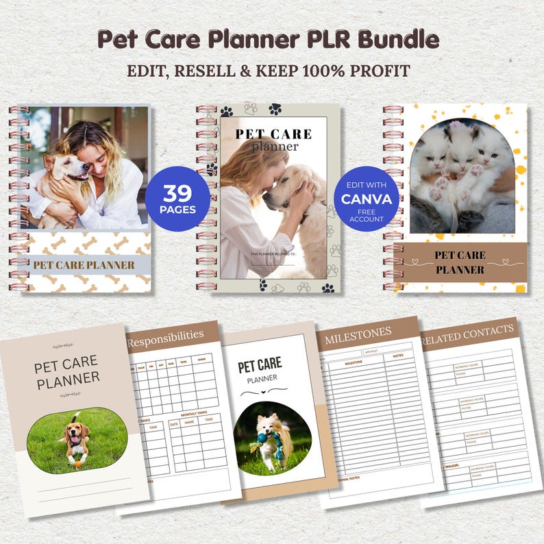 Pu&ograve; includere: Un pacchetto di pianificatori per la cura degli animali domestici con rilegatura a spirale. I pianificatori presentano immagini di cani e gatti e includono il testo "Pet Care Planner" e "39 Pages". Il pacchetto include anche il testo "Edit, Resell & Keep 100% Profit".