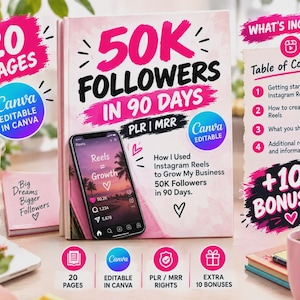 May include: A digital marketing guide titled 50K Followers in 90 Days featuring a smartphone displaying an Instagram Reels interface. The cover includes text about PLR and MRR rights, Canva editability, and a table of contents listing four sections.