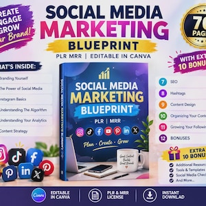 Puede incluir: Una guía de marketing digital titulada Social Media Marketing Blueprint con 70 páginas, derechos PLR y MRR, y 10 bonos. La portada muestra iconos de redes sociales, un portátil, un cuaderno y una taza con el texto Good Content Builds Great Brands.