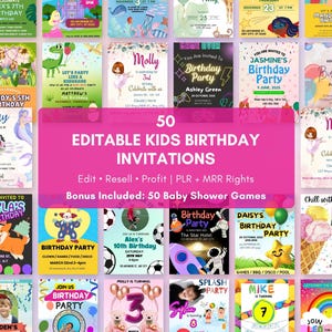 May include: A collection of 50 editable kids' birthday invitations with various themes, including a clown, soccer, space, and ice cream. The invitations are colorful and feature text such as "Birthday Party" and "Join Us".