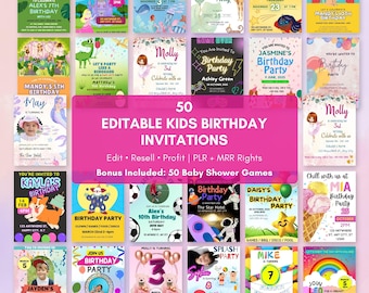 Kids Birthday Invitation Templates Canva Bundle | 50 Editable Party Invites with PLR MRR | Printable 5x7 Invite