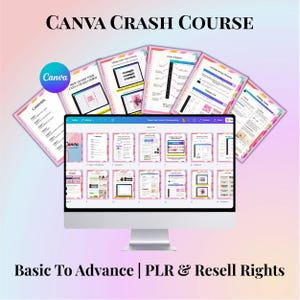 Pu&ograve; includere: Un monitor di computer che mostra un corso intensivo di Canva. L'immagine mostra una serie di documenti con bordi rosa e bianchi e il logo Canva. Il testo sull'immagine recita "Basic To Advance | PLR & Resell Rights."