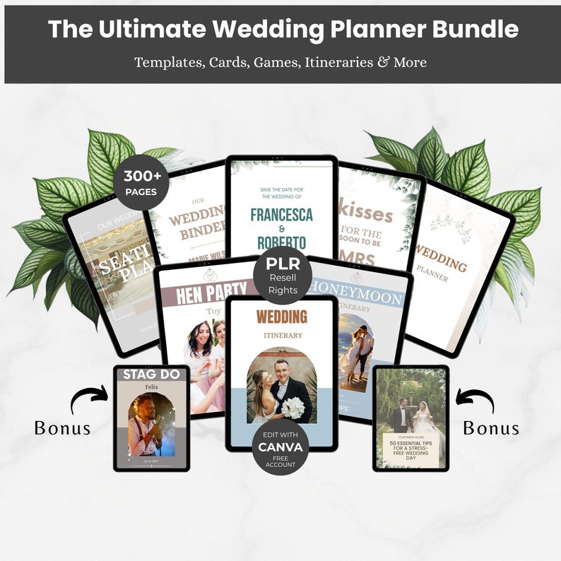 Pu&ograve; includere: L'Ultimate Wedding Planner Bundle con modelli, biglietti, giochi e itinerari. Include oltre 300 pagine di risorse per la pianificazione del matrimonio. Itinerario di nozze, luna di miele e materiali bonus.