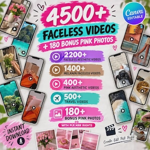 May include: A digital marketing graphic featuring 4500+ faceless videos and 180 bonus pink photos. The text includes categories like 2200+ faceless aesthetic videos, 1400+ melanin faceless videos, 400+ pink aesthetic videos, 500+ travel videos, and Canva editable.