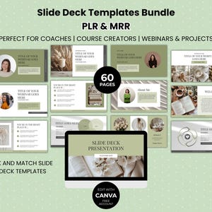 Puede incluir: Un paquete de plantillas de diapositivas digitales con el texto "Slide Deck Templates Bundle PLR & MRR". Las plantillas están diseñadas para entrenadores, creadores de cursos, seminarios web y proyectos. La imagen muestra un portátil que muestra una presentación, con 60 páginas.