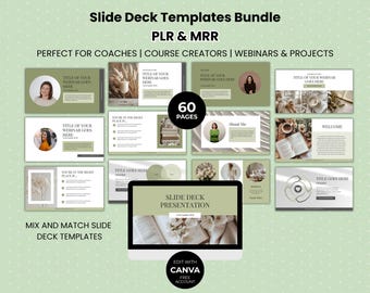 Slide Deck Templates Canva Presentation Bundle | 60 Editable Minimal Slides PLR MRR Webinar Coaching & Course Templates