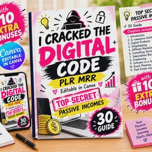 May include: A book titled I Cracked The Digital Code PLR MRR with a laptop graphic, a stack of gold coins, and text listing 30 guide chapters. Includes a smartphone, a notepad with a checklist, a pen, and a mug, all featuring motivational text.