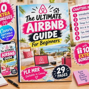 以下が含まれることがあります： The Ultimate Airbnb Guide For Beginnersというタイトルのデジタルガイド。29ページのブックレット、スマートフォンの画面、チェックリスト付きのメモ帳、ピンクの付箋が含まれています。表紙には海が見える寝室が描かれています。
