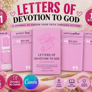 Puede incluir: Un diario devocional rosa de 41 páginas titulado Letters of Devotion to God, que presenta un libro central con una ilustración de pergamino, rodeado por cuatro plantillas de páginas interiores con indicaciones como Grateful Heart.