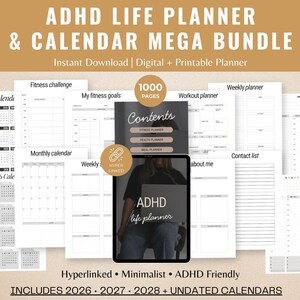 May include: A digital and printable ADHD Life Planner & Calendar Mega Bundle. The image shows a collection of planner pages, including calendars, fitness challenges, and goal trackers. The bundle includes undated calendars and calendars for 2026, 2027, and 2028.