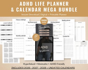 ADHD Life Planner Bundle | Digital & Printable Planner | Hyperlinked Calendar | Productivity Organizer | Routine and Goal Planner