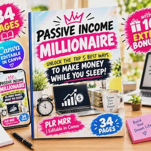 以下が含まれることがあります： 「Passive Income Millionaire」と題された34ページのデジタル製品ガイド。ピンクの王冠アイコン、睡眠中の収入に関するテキスト、10個の追加ボーナスが特徴です。表紙にはノートパソコン、目覚まし時計、コーヒーマグが描かれています。
