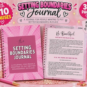 May include: A spiral-bound Setting Boundaries Journal with a pink cover featuring a sunburst pattern and white text. The open page displays black text titled Hi Beautiful, listing questions about personal boundaries and self-care goals for readers.