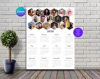 2026 Wall Calendar Template | Honeycomb Photo Collage | Printable Calendar | Editable Canva Template