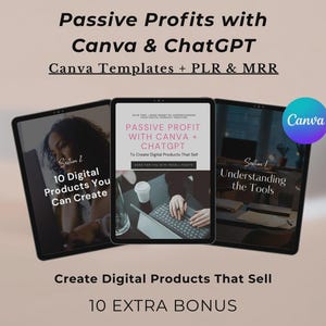 Puede incluir: Tres tabletas digitales que muestran contenido educativo titulado Passive Profits with Canva and ChatGPT, Canva Templates, PLR y MRR. Las pantallas muestran texto sobre cómo crear productos digitales, herramientas y diez productos a crear.