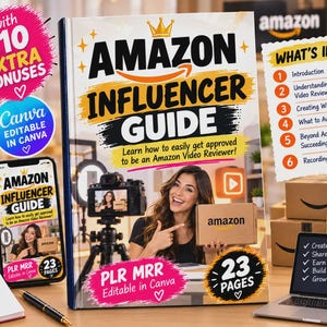 Op de afbeelding: Een digitale gids getiteld Amazon Influencer Guide met 23 pagina's, met een omslagafbeelding van een persoon die een Amazon-doos vasthoudt. De gids bevat tekst over het Amazon Video Reviewer-programma, Canva-bewerkbaarheid en 10 extra bonussen.