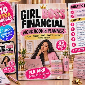 May include: A Girl Boss Financial Workbook & Planner with 83 pages, featuring a pink and white cover with a woman at a desk. Includes a 30-day affirmation journal, goal planner, and chapters on budgeting, saving, investing, and wealth building.