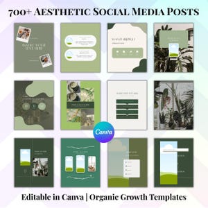 Pu&ograve; includere: Una collezione di 12 modelli di post per social media in tonalit&agrave; di verde e bianco. I modelli presentano vari layout con spazio per testo e immagini, con il testo "700+ AESTHETIC SOCIAL MEDIA POSTS" in alto. Modificabili in Canva.