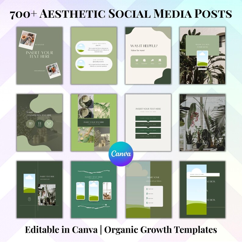 Pu&ograve; includere: Una collezione di 12 modelli di post per social media in tonalit&agrave; di verde e bianco. I modelli presentano vari layout con spazio per testo e immagini, con il testo "700+ AESTHETIC SOCIAL MEDIA POSTS" in alto. Modificabili in Canva.
