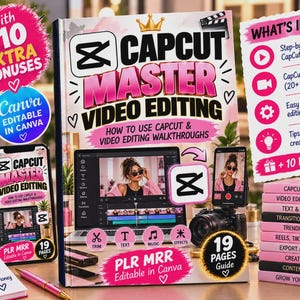 May include: A CapCut Master Video Editing guide book with a pink and white cover featuring the title, a laptop screen showing editing software, and a list of 10 bonuses. Beside it are a smartphone, a notepad, and a stack of pink books.