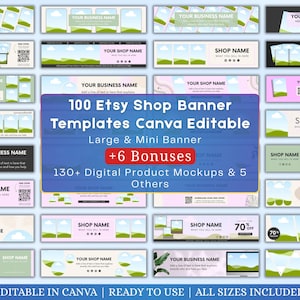 以下が含まれることがあります： さまざまなデザインの、Canvaで編集可能な100個のEtsyショップバナーテンプレートのコレクション。画像には、大小のバナー、ボーナス、モックアップ、その他のデジタル製品が含まれています。バナーにはショップ名と会社名が表示されています。