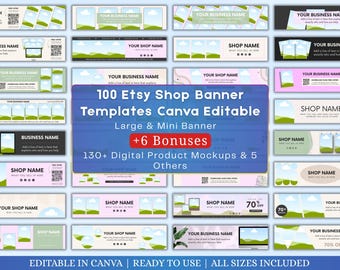 Etsy Shop Banner Canva Templates Bundle | 100 Editable Etsy Banners |  Large & Mini Shop Cover | Branding Kit + Bonus Mockups