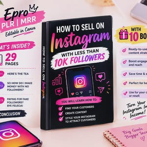 以下が含まれることがあります： How to Sell on Instagram with Less Than 10K Followersというタイトルの黒いデジタルガイド。スマートフォン画像、29ページ、10個の特典が含まれています。表紙にはピンクと白のテキスト、章のリスト、コンテンツ作成戦略が記載されています。