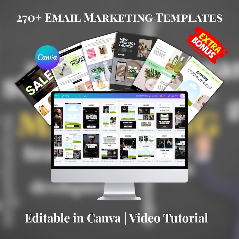 K&ouml;nnte beinhalten: Ein Computermonitor zeigt E-Mail-Marketing-Vorlagen, umgeben von Beispielen f&uuml;r E-Mail-Layouts. Das Bild enth&auml;lt den Text "270+ EMAIL MARKETING TEMPLATES", "Editable in Canva | Video Tutorial" und das Canva-Logo. Zus&auml;tzlicher Text umfasst "SALE", "MUST-HAV BUNDLE", "NEW PRODUCT LAUNCH" und "SPRING SPECIAL BUNDLE".