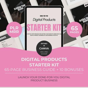 Op de afbeelding: Een starterkit voor digitale producten met een zakelijke gids van 65 pagina's en 10 bonussen. De kit bevat tekst met de vermelding Done For You Digital Products Starter Kit, Editable in Canva, PLR MRR en een stappenplan voor een digitale onderneming.