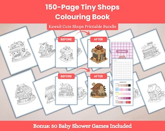 150 Page Cute Tiny Shops Coloring Book | Printable Kawaii Shop Coloring Pages Bundle | Stress Relief Digital Download